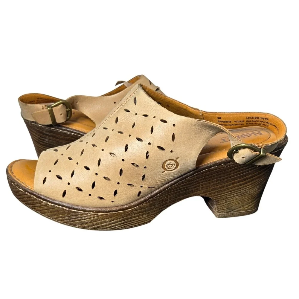 Born Tan Leather‎ Slingback Wedge Sandals Size 9M Boho Summer Neutral Cottage
